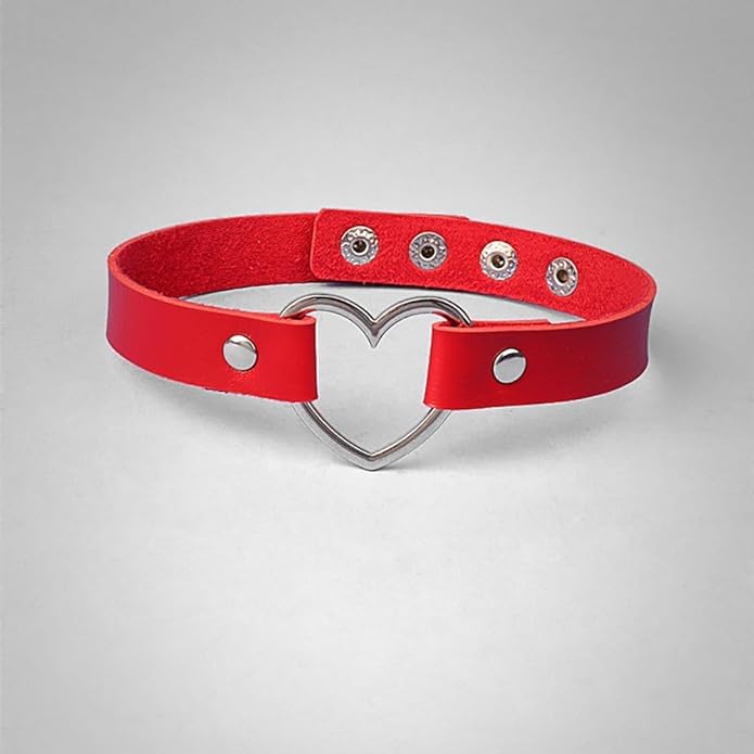 El Regalo Vintage PU Leather Love Heart Choker Necklace for Girls/Women- Western Gothic Punk Collar Choker Necklace (Red)