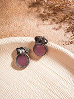 El Regalo 1Pair Oxidized German Silver Ganesha Elephant Stone Stud Earrings- Handcrafted Unique Earrings with Color Stone Options (Pink)
