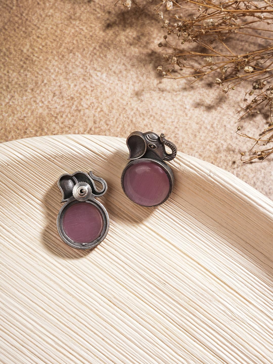 El Regalo 1Pair Oxidized German Silver Ganesha Elephant Stone Stud Earrings- Handcrafted Unique Earrings with Color Stone Options (Pink)