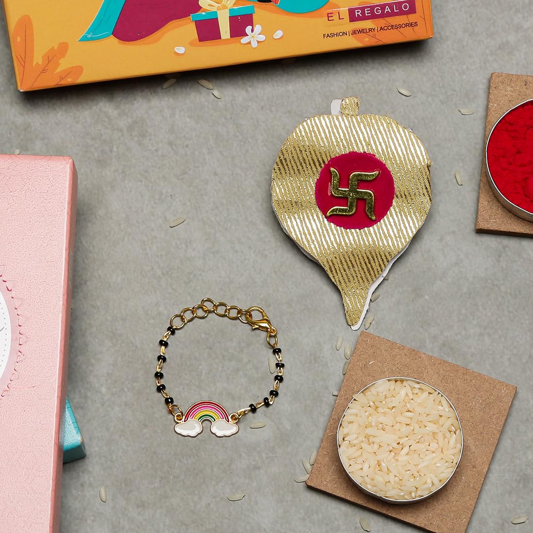 El Regalo 1PC Cute Kids Nazaria Rakhi for Little Brother - Kids Chrams Nazaria Rakhis for Babies/Toddlers with Roli Chawal, Rakhi Message Card in Rakhi Gift Box (Rainbow Nazaria Rakhi)