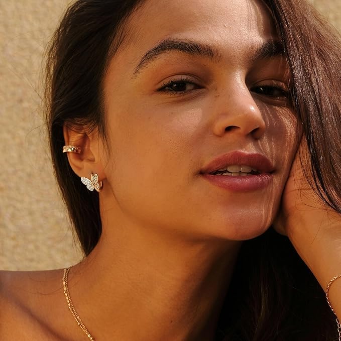 El Regalo Cubic Zirconia Butterfly Huggie Hoop Earrings - 14K Gold Plated Small Hoops for Girls, Teens & Women | Hypoallergenic Tiny Butterfly Earrings