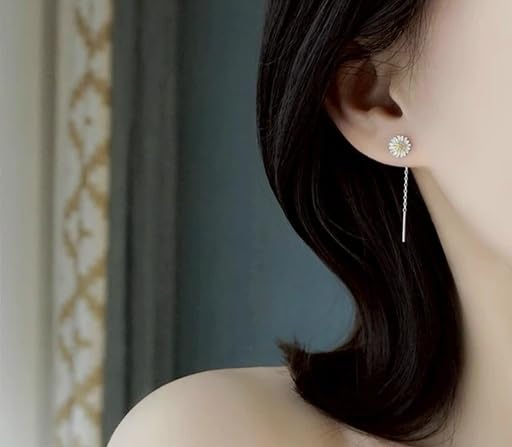 El Regalo Minimalist Flower Threader Earrings for Women & Girls | Cute Tiny Floral Chain Drop Earrings | Modern Style Dainty Long Tassel Earrings (Daisy Silver)