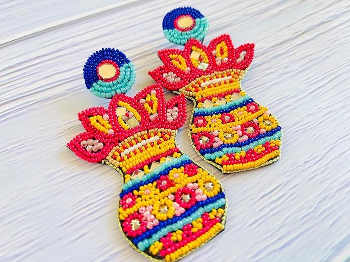 El Regalo Seedbeads Big Kalash Earrings- Exquisite Shubh Kalash Ethnic Statement Stud Earrings for Weddings/Haldi/Mehndi Ceremonies Parties