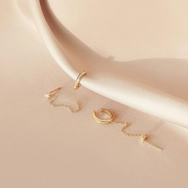 El Regalo Classy CZ Stud Chain Climber Crawler Cuff Earrings for Women, Fancy Minimalist Dainty Ear Cuffs with Link Chain, Non-Pierced Cartilage Helix Wrap Jewelry Gift (Gold)