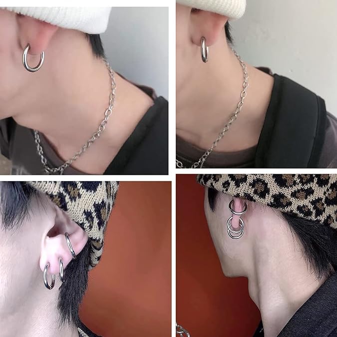 El Regalo 3 Pairs of Unisex Non-Piercing, Clip On Earrings for Girls/Boys/Men/Wome- Surgical Stainless Steel Hypoallergenic Huggie Fake Earrings (Silver)