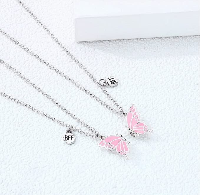El Regalo Magnetic Butterfly BFF Necklaces for 2, Enamel Butterfly Friendship Magnetic Necklace for Teen Girls Women - Gift for Best Friends/Besties/Sisters (Pink Butterflies)