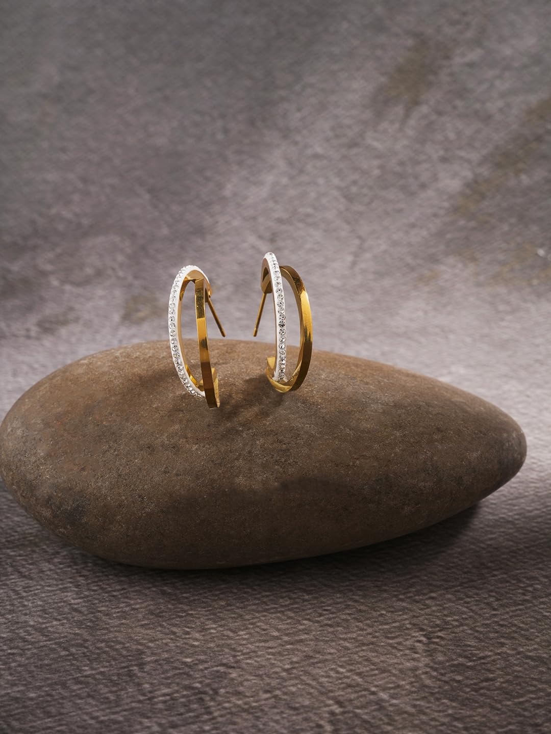 El Regalo Luxury & Creative Stainless Steel Layered C Half Hoop Earrings- Bold & Beautiful, Modern Hoops for Women/Girls (Double-Hoops with CZ Crystals)