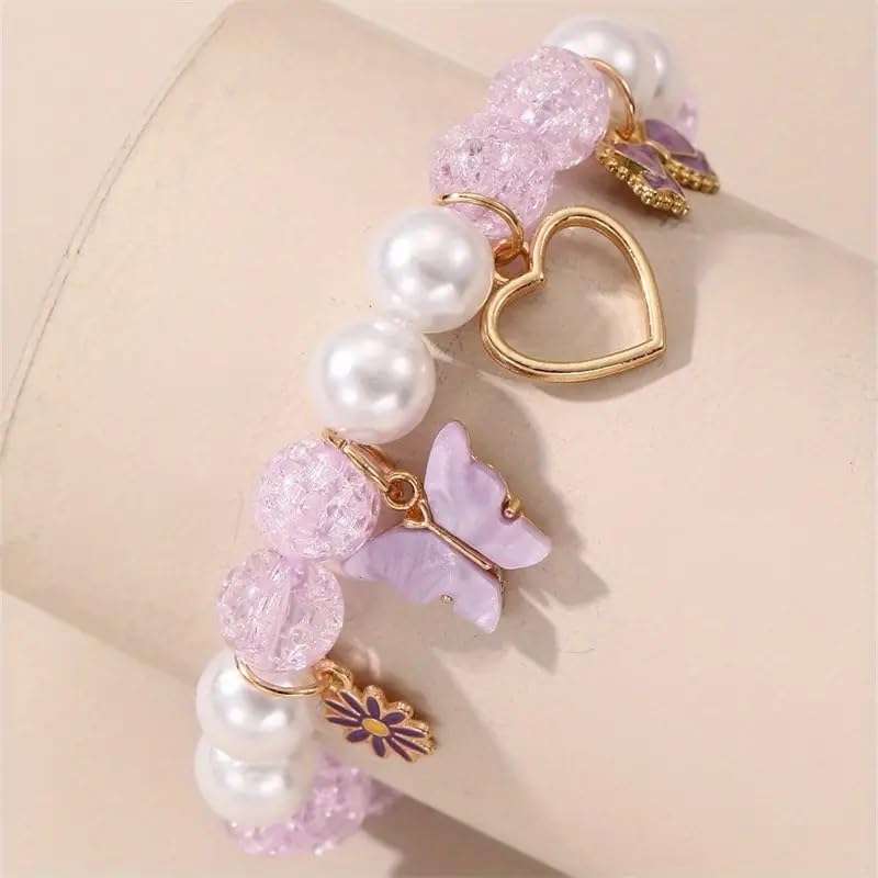 El Regalo 1PC Butterfly, Love Heart, Bow, Flower Charms Crystals Beads Bracelet for Girls - Fashion Bracelets for Girls/Women (Purple)