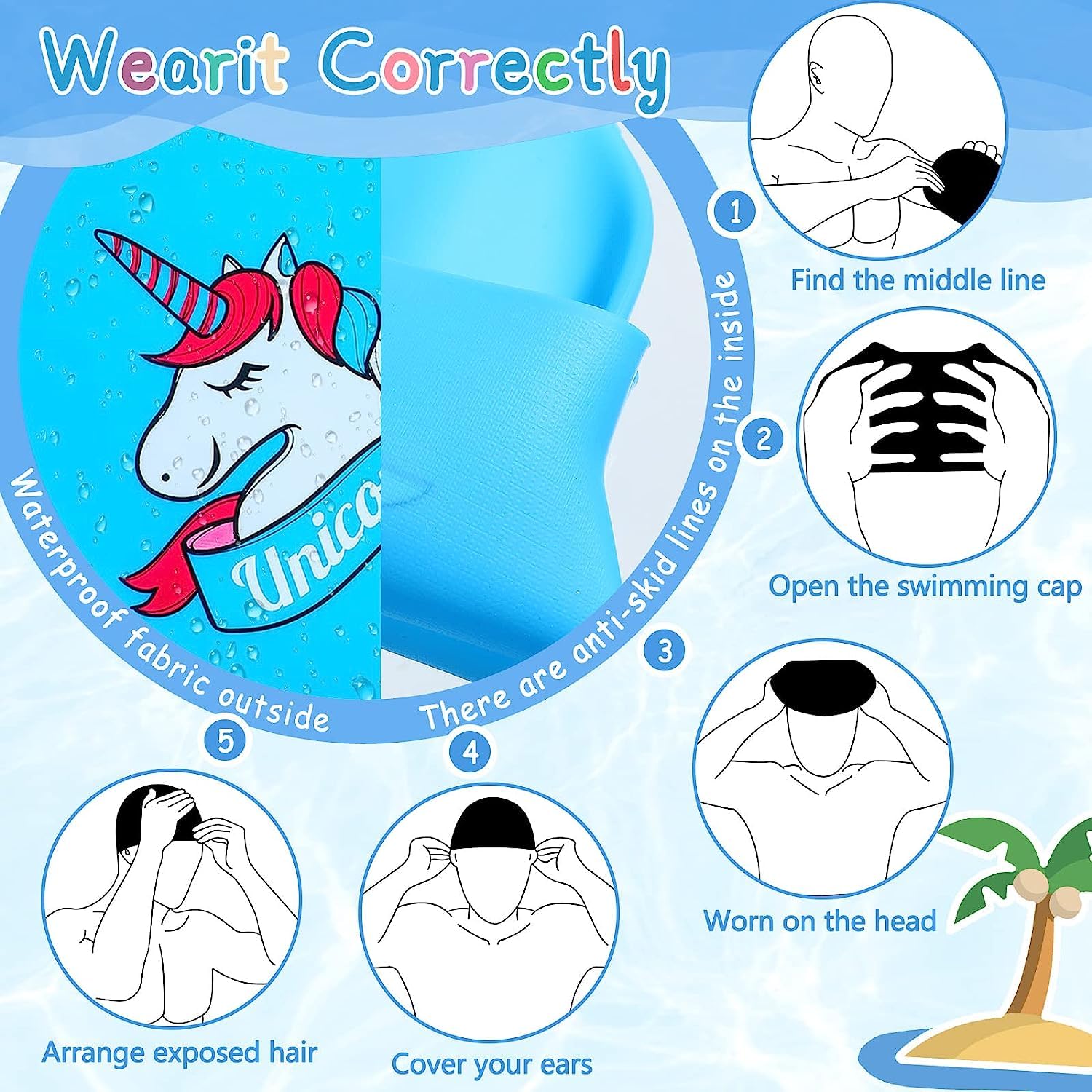El Regalo 2 PCs Kids Swimming Caps Set- Silicone Swimming Hat for Girls Boys Waterproof Bathing Caps for Long & Short Hair with Unicorn, Astronaut, Heart, Fairy Mermaid (Pink & Blue Unicron)