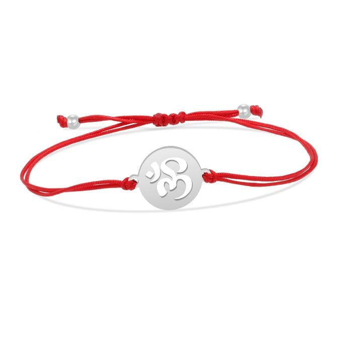 El Regalo OM Red Rakhi for Brother- Silver & Gold Plated Stainless Steel OM Bracelet Rakhi for Bhai with Roli Chawal in Rakshabandhan Box- Adjustable for Babies to Adults (Silver)