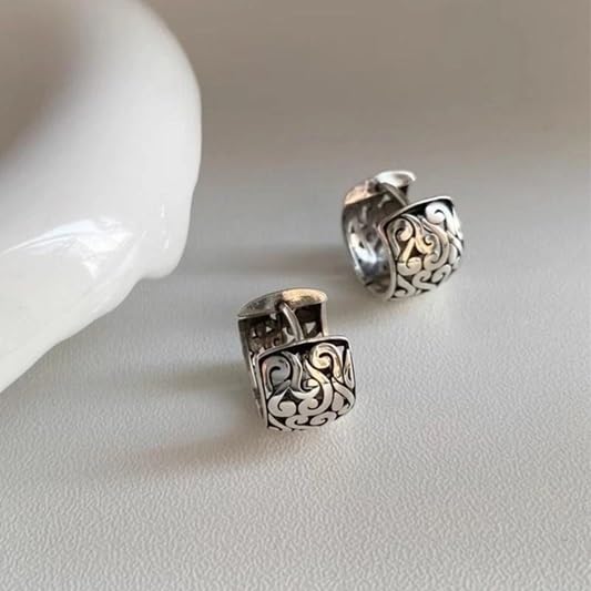 El Regalo 925 Silver Plated Hollow Filigree Hoop Earrings for Women - Vintage Oriental Carved Huggie Hoops, Retro Ethnic Jewelry