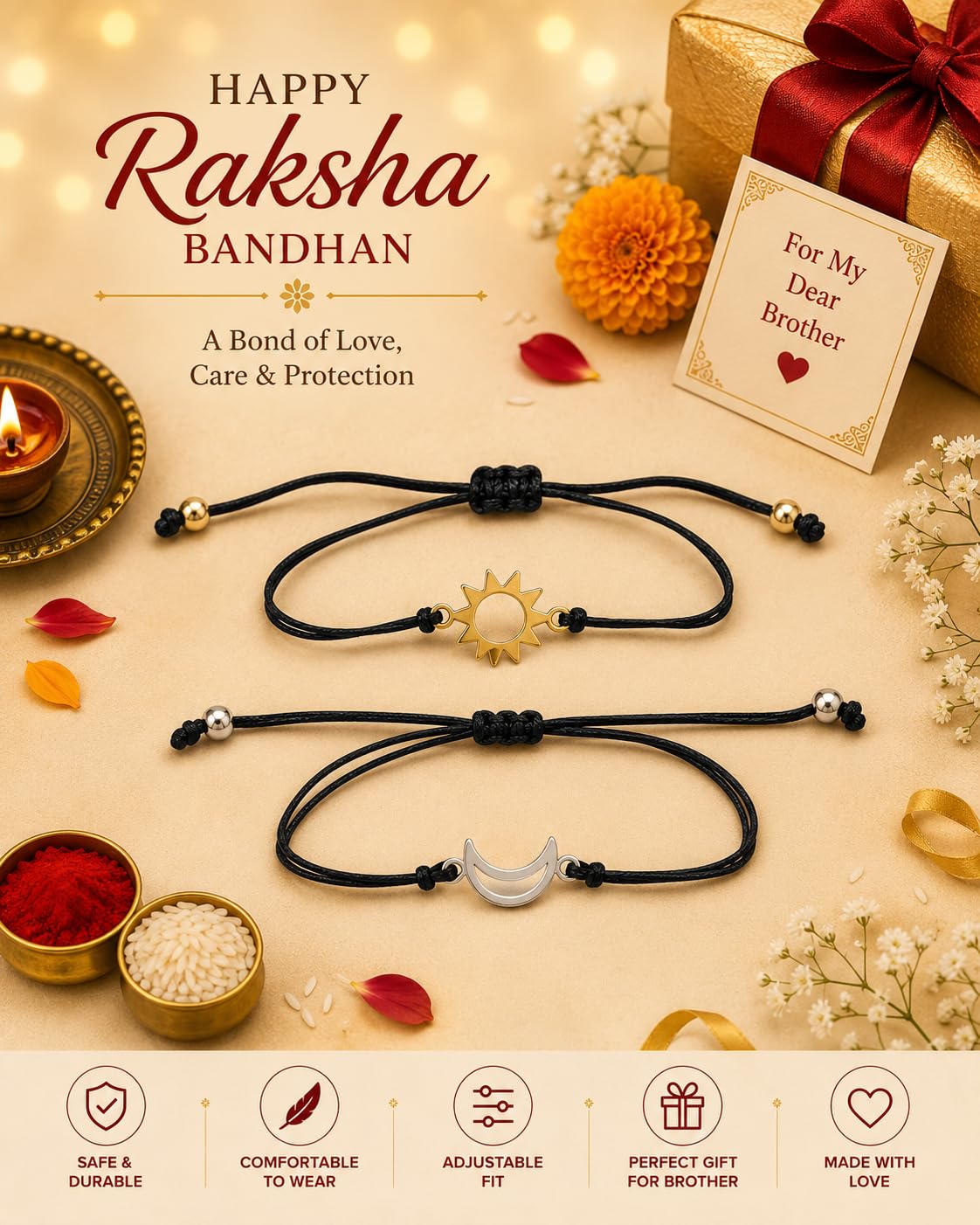 El Regalo 2PCs Sun Moon Adjustable Rakhis for Brother- Simple & Elegant 2 Rakhis with Roli Chawal, Message Card in Rakhi Box for Bhaiya-bhabhi