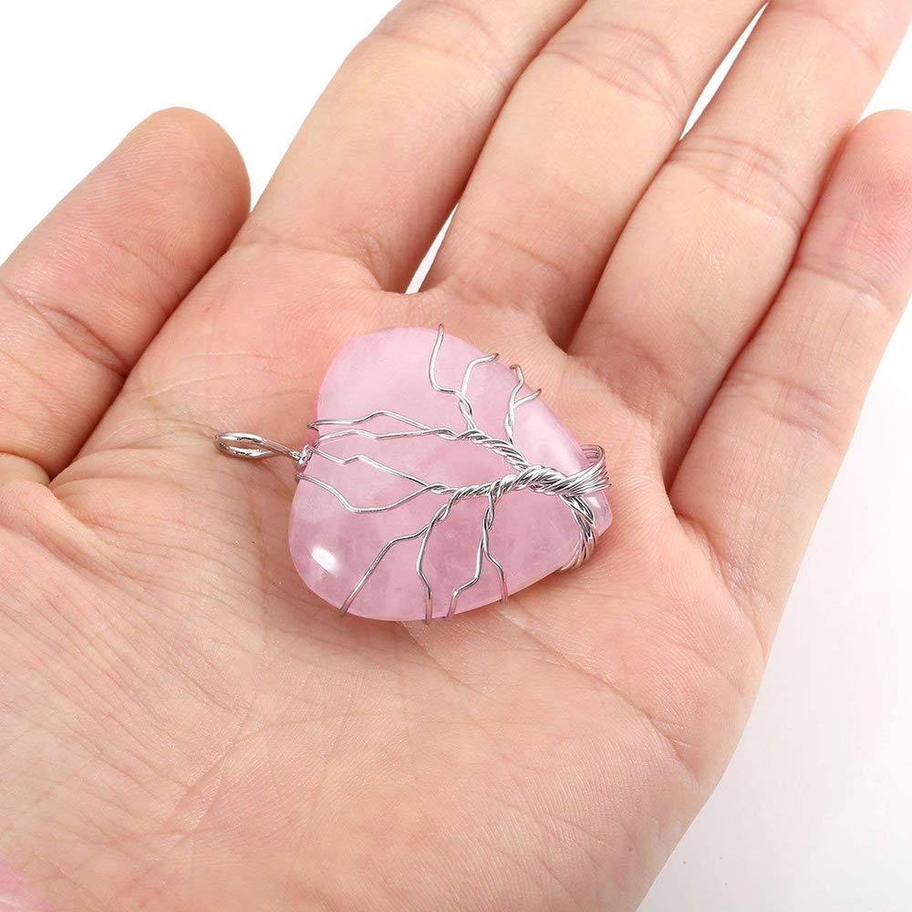 El Regalo Tree of Life Wire Wrapped Heart Shape Natural Quartz Stones Healing Crystal Chakra Pendant Necklace - Perfect Valentines Day Gift for Girls & Women (Rose Quartz)