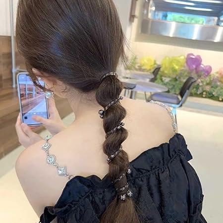 El Regalo 3PCs Stretchy Pearl Spiral Braided Telephone Scrunchies Ponytail Holders, Hair Ties for Kids Girls/Teens & Women - Black, White & Silver