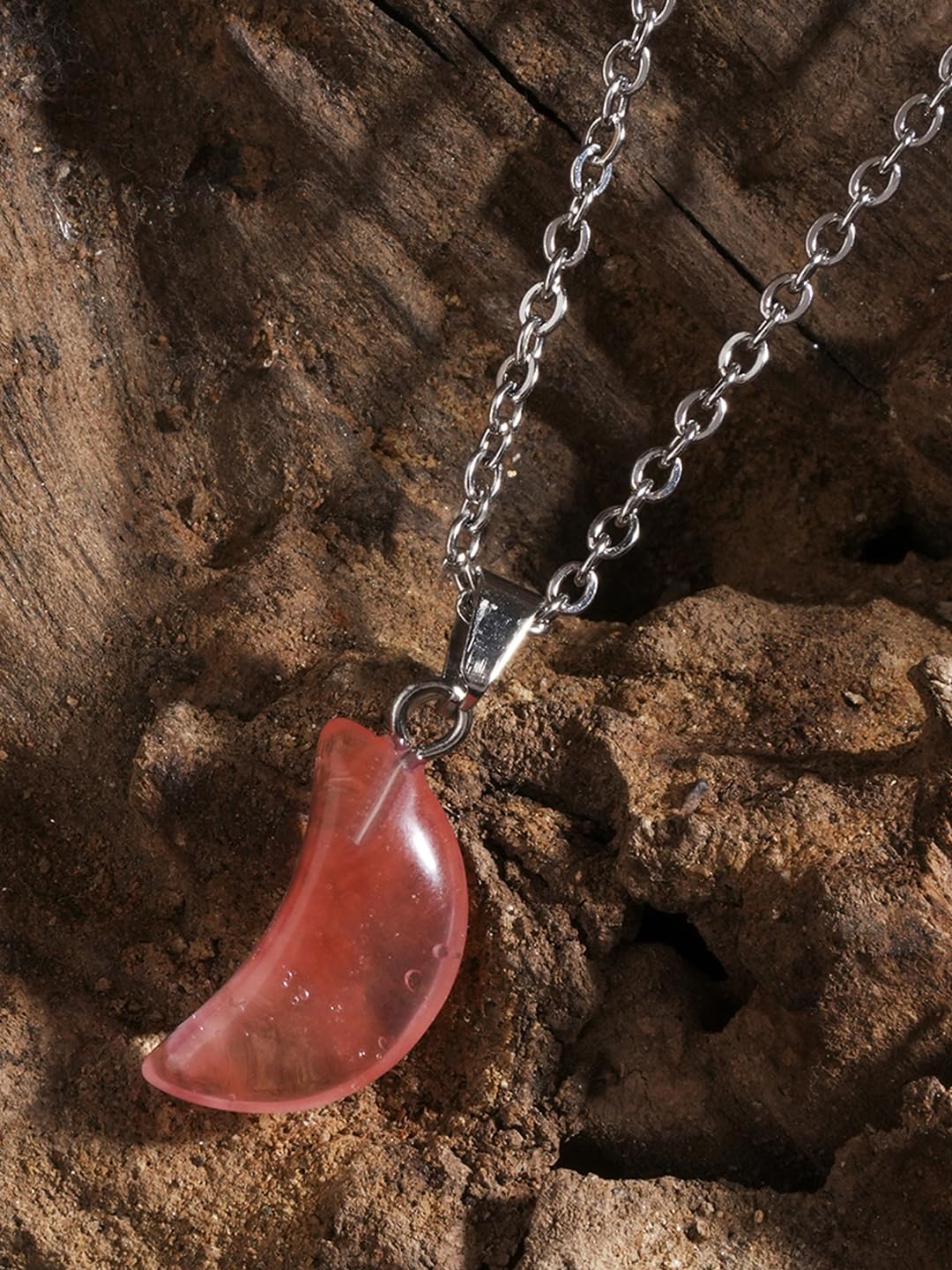 El Regalo Beautiful Agate Crescent Moon Pendant Necklace with Stainless Steel Chain for Girls & Women (Peachy Pink Moon)