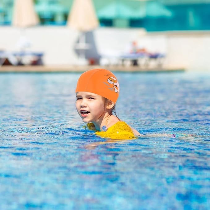 El Regalo 1PC of Cute Kids Dolphin PU Swimming Caps for Girls & Boys- Waterproof, Animal Print Swimming Cap (for Kids 6-12 Years) (Orange Fish Swim Cap)