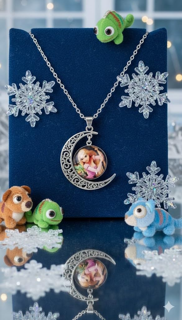 El Regalo Princess Crescent Moon Pendant Necklace for Girls- Enchanted Fairytale Character Jewelry with Filigree Detail, Silver-Tone Chain, Perfect Birthday Return Gift or Party for Toddlers and Kids (Style-1)
