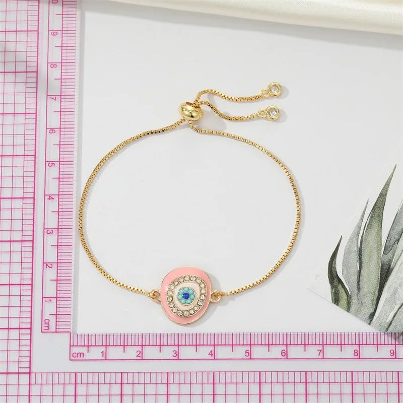 El Regalo 1PC Evil Eye Adjustable Bracelet for Girls & Women- Zircon Evil Eye Chain Bracelet- Valentines Day Gift for Her (Pink Evil Eye)