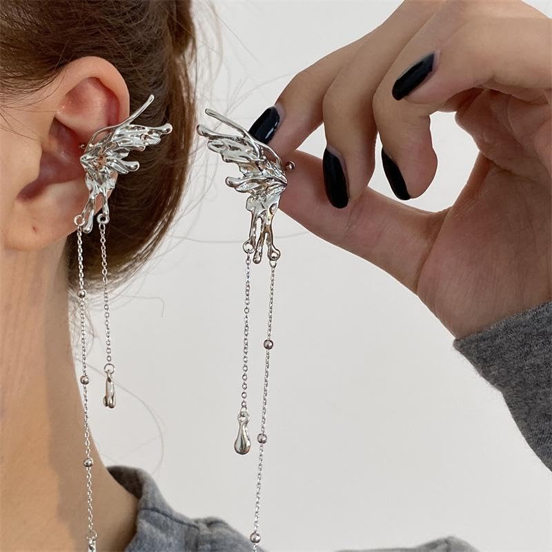 El Regalo Fairy Butterfly Tassel Non Piercing Cuff Earrings - Long Angel Wings Ear Bone Clip Earring for Non Pierced Ears
