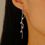 El Regalo Long Copper Zirconia Rhinestone Leaf Drop Dangle Earrings for Women | Korean Style Vine Fringe Earrings | Classy Party, Wedding & Casual Earrings Jewelry (Pink Silver)