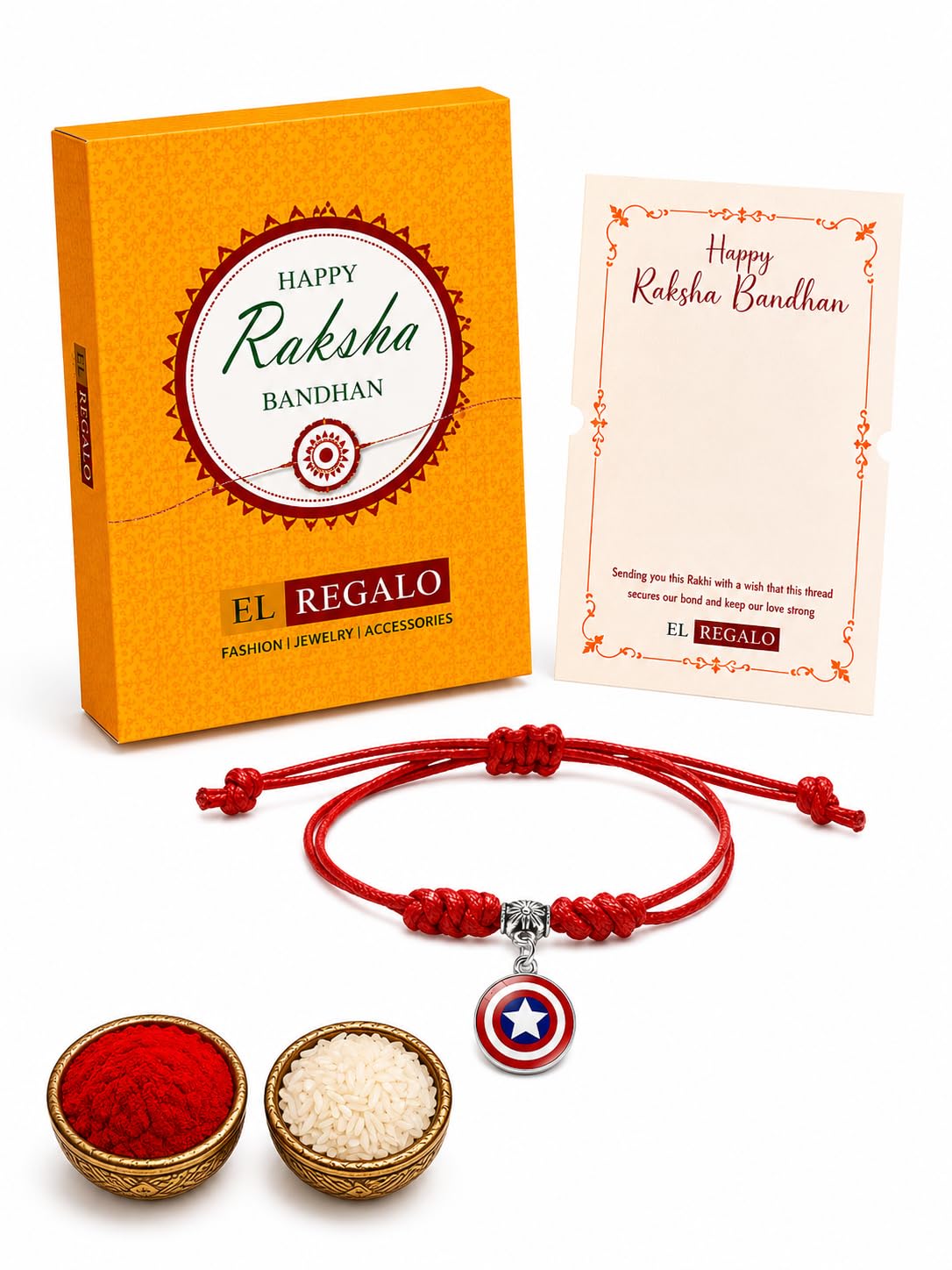 El Regalo 1PC Superhero Kids Rakhi- Fun Kids Bracelet Rakhi with Roli Chawal, Rakhi Message Card in Rakhi Gift Box for Little Bro/Sister/Niece or Nephew (Captain America Red Rakhi)