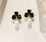 El Regalo Cute Orchid Flower Teardrop Pearl Earrings- 14K Gold Plated Pearl Earrings for Women | Floral Enamel drop Ball Earrings (Black)