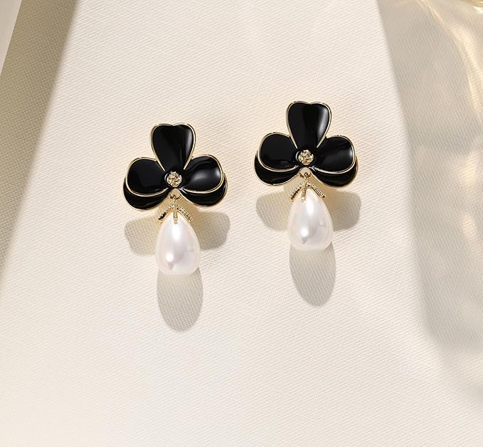 El Regalo Cute Orchid Flower Teardrop Pearl Earrings- 14K Gold Plated Pearl Earrings for Women | Floral Enamel drop Ball Earrings (Black)
