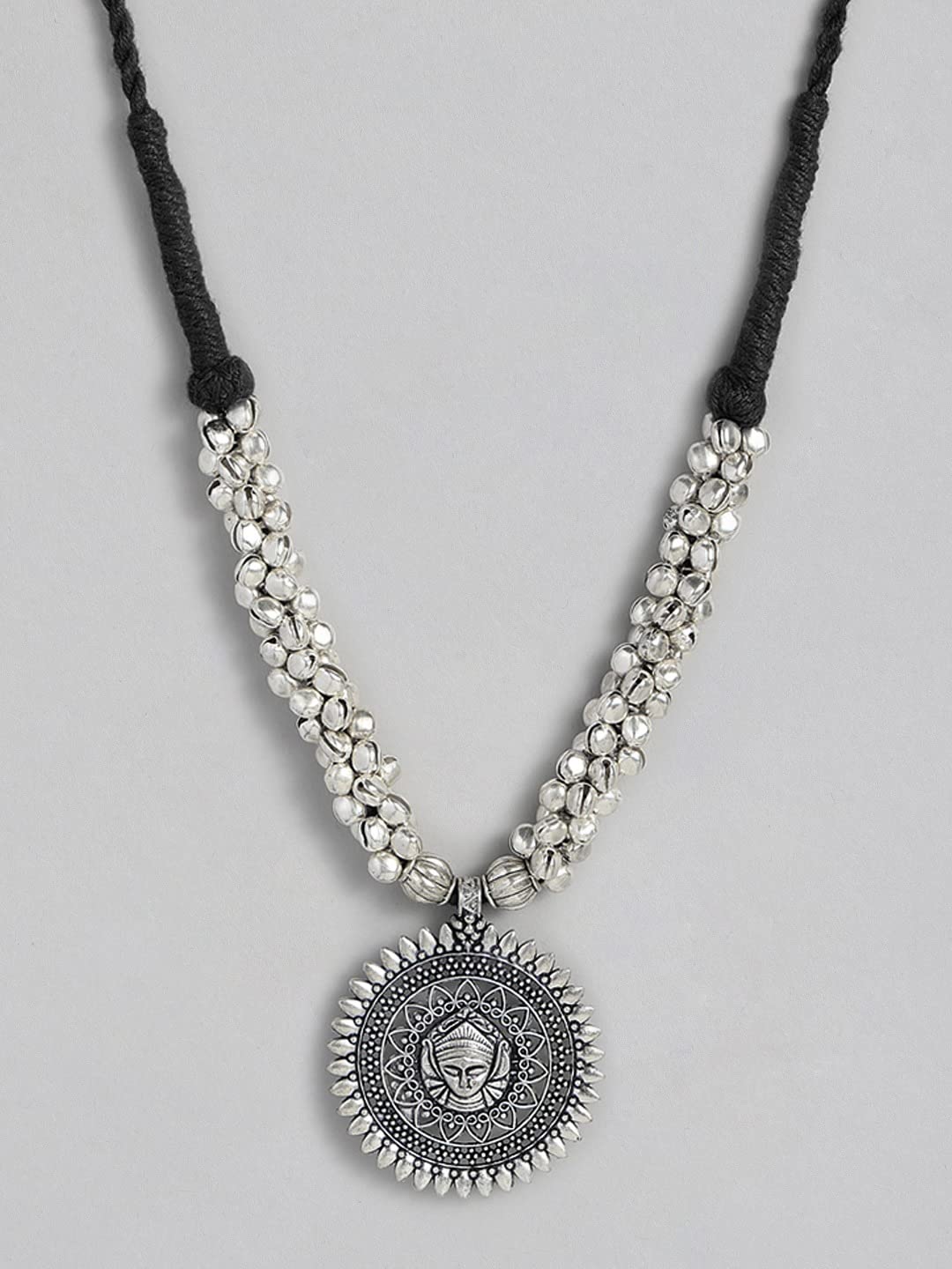 El Regalo Oxidized/German Silver Durga Ma Pendant Thread Necklace with Ghungru | Temple Jewelry/Navratra Pooja Jewelry? Garbha Jewelry (Black)