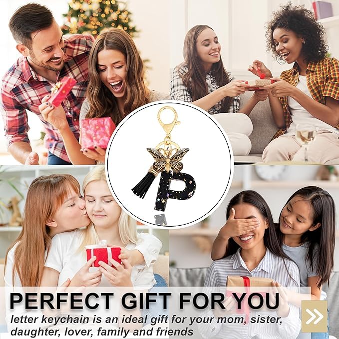 El Regalo Personalized Name Initials Butterfly Charm Keychain - Name Letter Keyring with Black & Golden Tassel & Butterfly Pendant, Purse, Bag, Backpack Accessory (P Letter)