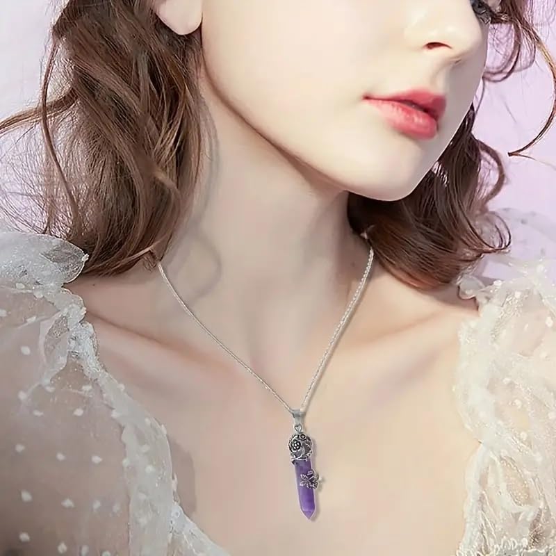 El Regalo 1PC Flower Wrapped Hexagonal Healing Natural Stones Point Pendant Unisex Necklace- Natural Stones Reiki Healing Crystals Necklace in Antique Silver Finish (Purple- Amethyst-Chain)