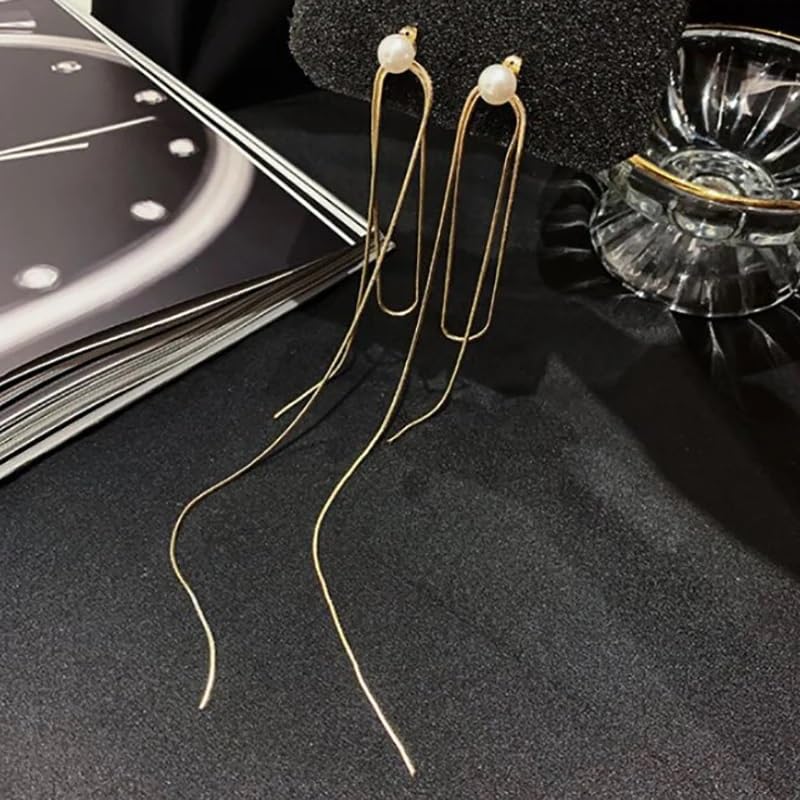 El Regalo Fancy Long Loop Tassel Pearl Stud Earrings for Girls & Women- Modern, Contemporary Tassel Earrings