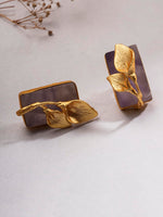 El Regalo Fancy Leaf Raw Stones Stud Brass Contemporary Earrings - Gold Plated Matte Finish Stone Studs for Girls and Women (Purpilish)