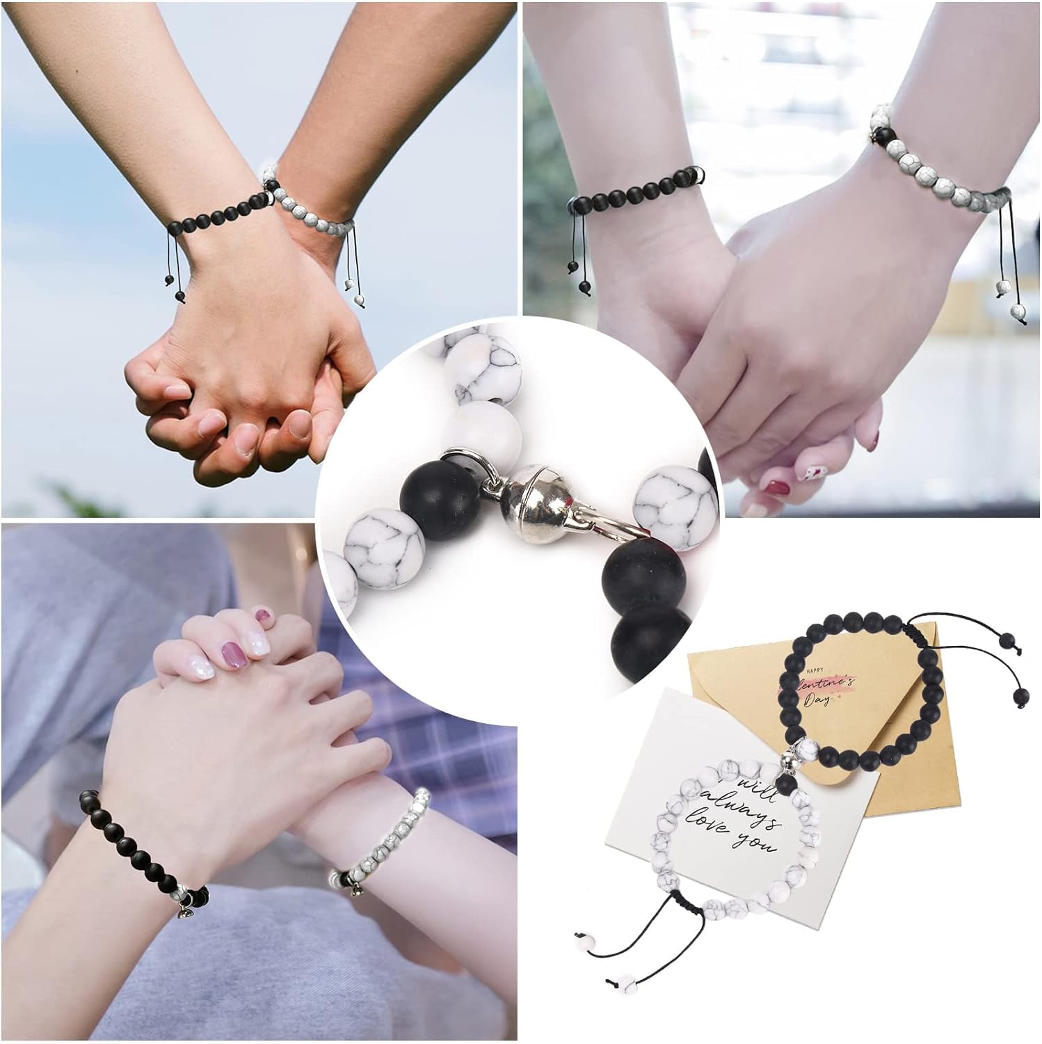 El Regalo 2PCs Magnetic Natural Stones Unisex Bracelets for Couples, Best Friend, Boyfriend & Girlfriend, Long Distance Connecting Bracelets Set- Valentines Day Gift (Black & White)