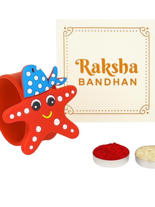 El Regalo Cute Slap Band Bracelet Rakhi for Kids Boys & Little Brother | Fun Quirky Silicone Slap Wristband Rakhi for Toddlers & Children with Roli Chawal Pack and Gift Box (Star Fish)