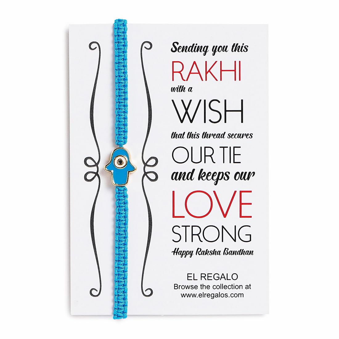 El Regalo 1 PC Hamsa Hand Evil Eye Nazaria Rakhi for Brother- Fancy Evil Eye Rakhi Gift Box with 1 PC Rakhi, Shagun Pack & Rakhi Message Card in Rakhi Gift Box (Light Blue Hamsa Rakhi)