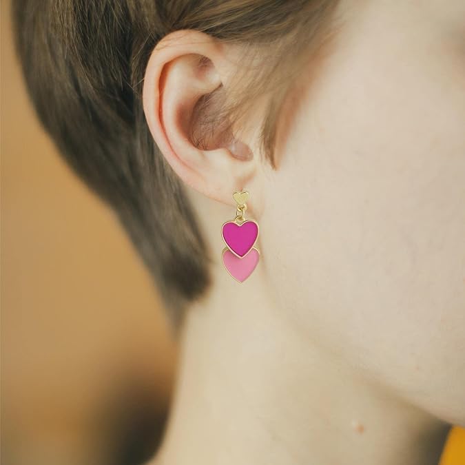 El Regalo 1 Pair Double Love Heart Drop Earrings- Valentine's Day Gift- Two Tone Oil Drop Heart Dangle Earrings for Girls & Women (Pink + Rose Pink)