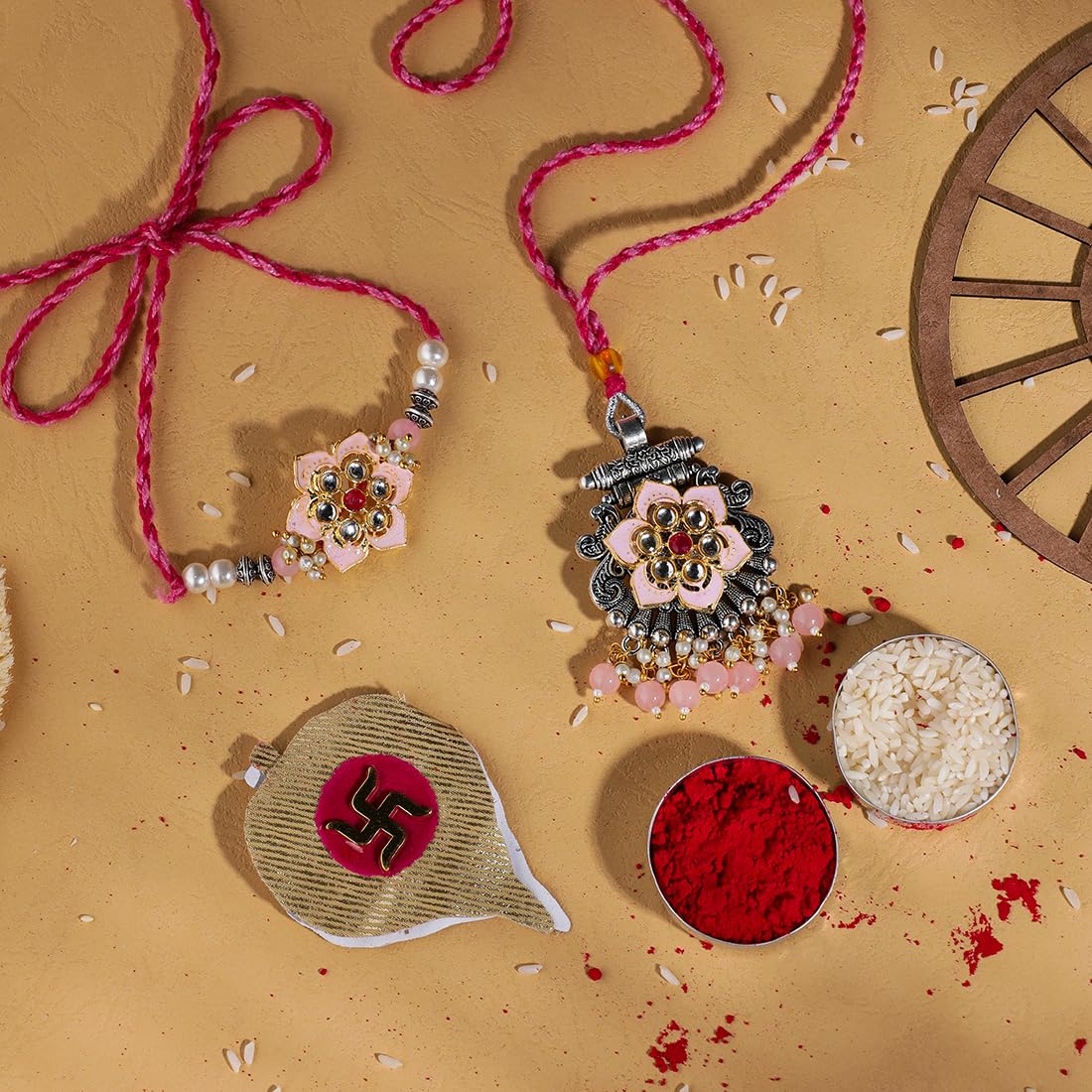 El Regalo Designer Bhaiya- Bhabhi Rakhi Luma/Lumba Set- Kundan, Pearls Rakhi with Roli Chawal in Gift Box- Luma Convertible into Necklace (Option-7)