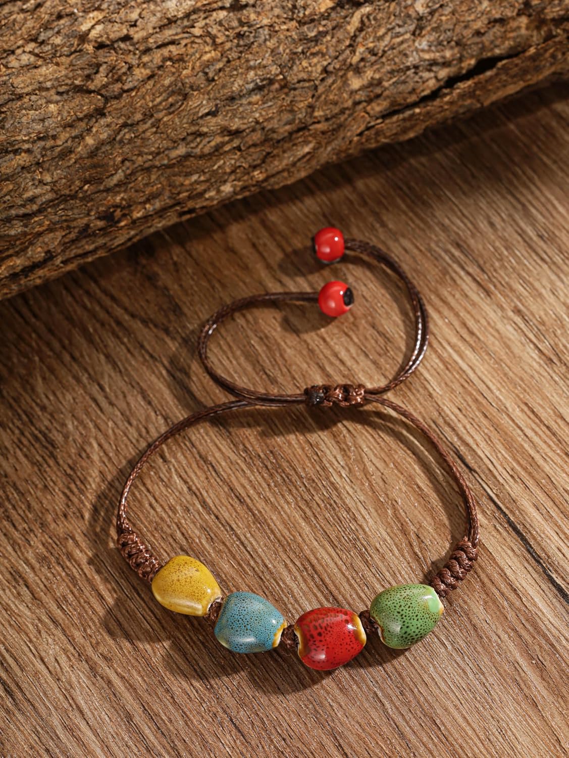 MINACHI Bohemian Colorful Ceramic Bead Adjustable Leather Bracelet, Boho Hippie Summer Jewelry Gift for Women (1), Adjustable, Ceramic, no gemstone
