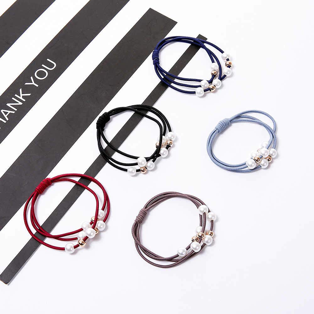 El Regalo Set of 5 Knotted Elastic Pearls Hair Ties Rubber Band Ponytail Holder for Girls/Kids/Women (3 Pearls Multi Layers Rubber bands)