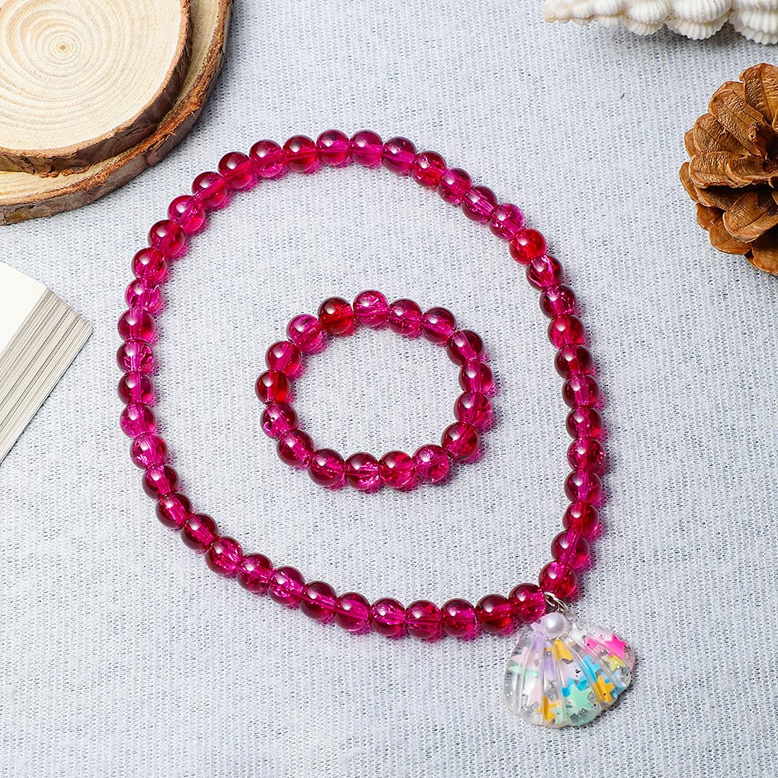 El Regalo 2 PCs Resin Shell Pendant Colorful Sparkly Crackle Beads Pendant Necklace & Bracelet Set for Kids/Girls- Christmas/Birthday Gift for Girls Kids (Magenta)