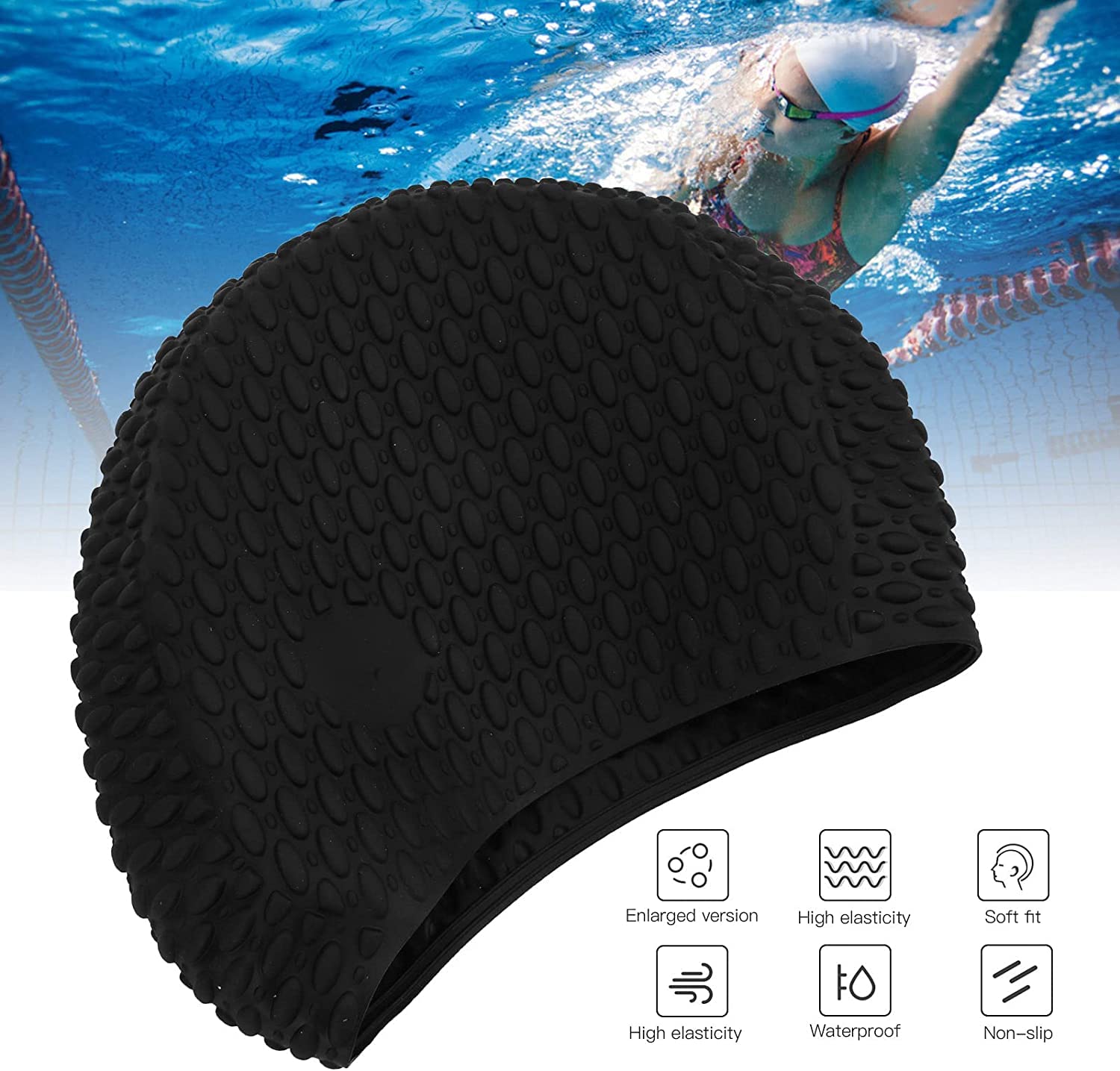 El Regalo 1 PC Silicon Bubbled Swimming Cap for Teens/Adults- Silicone Thickened Long Hair Silicone Swimming Cap (Black)