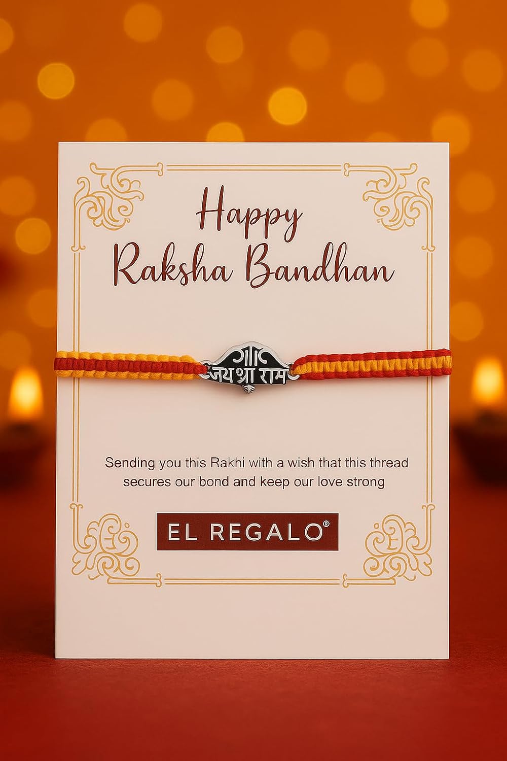 El Regalo 1PC Traditional Rakhi for Brother with Roli Chawal & Message Card | Designer Rakshabandhan Thread with OM, Shree Ram, Ganesha, Krishna Charms | Rakhi Gift Box Included (Jai Shree Ram)