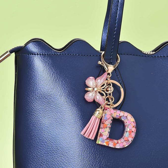 El Regalo Personalized Name Initials Butterfly Charm Keychain - Custom Letter Keyring with Pink Tassel & Butterfly Pendant, Purse, Bag, Backpack Accessory (D Letter)