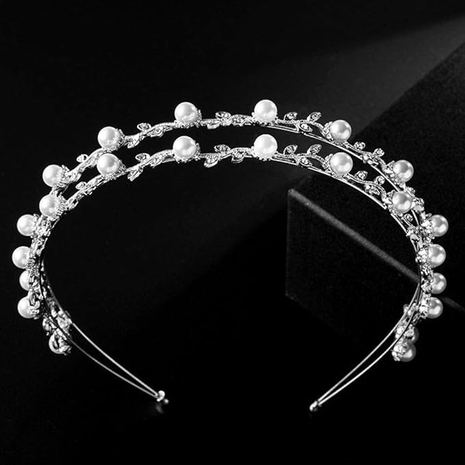 El Regalo Bridal Hair Accessory- Fancy Double-Layered Rhinestone & Pearl Vine Hairband for Girls & Women- Bridal, Bridesmaids HairBand (Silver)