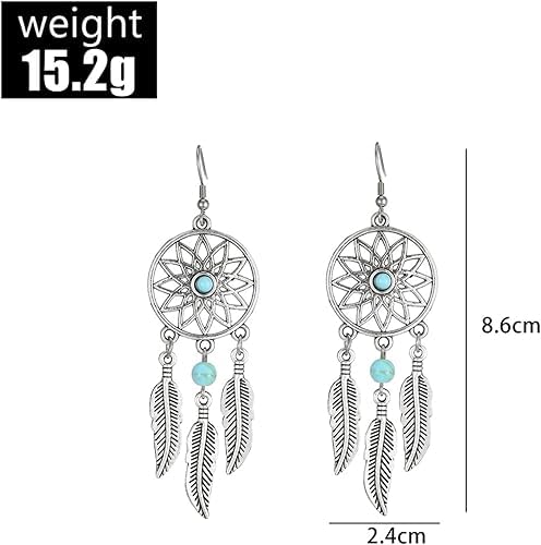 El Regalo Vintage Dream Catcher Feather Earrings Necklace for Girls/Women- Turquoise Bohemian Ethnic Fringe Tassel Dangle Jewelery Set