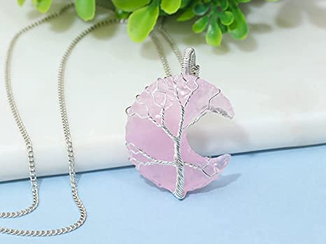 El Regalo Tree of Life Wire Wrapped Crescent Moon Natural Stones Healing Crystal Chakra Pendant Necklace - Unique Handcrafted Gemstones Pendant Necklaces (Rose Quartz) For Unisex Adult