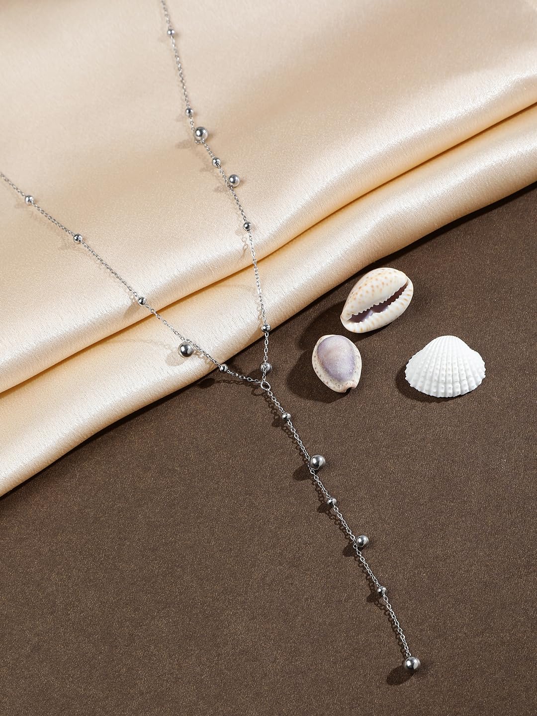 El Regalo Titanium Steel Long Silver Beads Chain Western Necklace - Glamorous Circular Accents and Deep Chain Drop