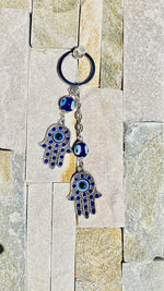 El Regalo Evil Eye Double Hamsa Hand Keychain and Hanging Ornament Intricate Metallic Alloy Hamsa Good Luck Charm For Protection Defense and Health Car Rearview Accessories Hanging Decor, Blue, Small
