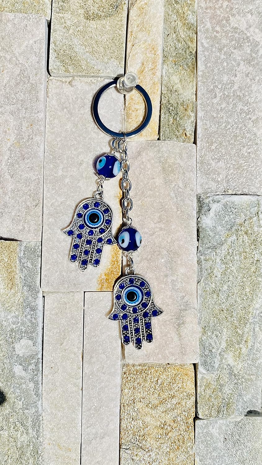 El Regalo Evil Eye Double Hamsa Hand Keychain and Hanging Ornament Intricate Metallic Alloy Hamsa Good Luck Charm For Protection Defense and Health Car Rearview Accessories Hanging Decor, Blue, Small