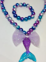 El Regalo Girls Princess Necklace Bracelet with Colorful Mermaid Shiny Beads Bow Kids Stretchy Costume Jewelry Gift Party Favors Dress up Jewelry for Little Girl Toddler (Shiny Purple)
